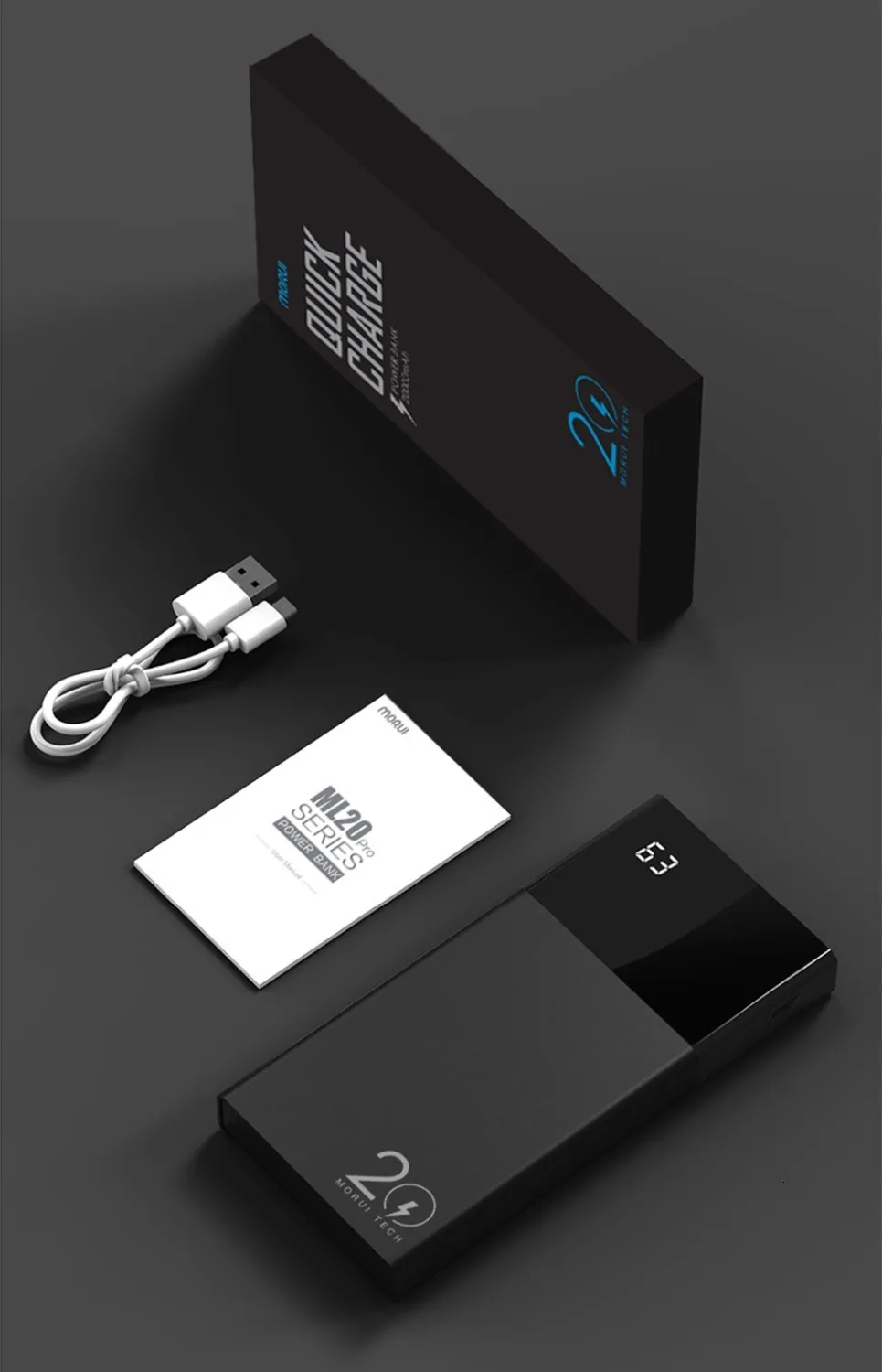 MORUI power bank ML20 Pro 20000 мА/ч 18 Вт QC3.0+ Type-C3.0, двойная быстрая зарядка, внешний аккумулятор с умным цифровым дисплеем