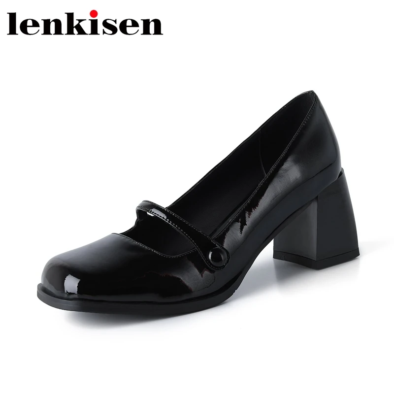 Lenkisen wine color vintage shallow shoes chic concise thick high heels cow leather square toe gladiator young lady pumps l1f2