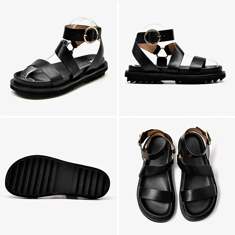 

Sandals Women Sheepskin Genuine Leather Ankle Strap Metal Ring Buckle Lady Summer Platform Shoes Handmade