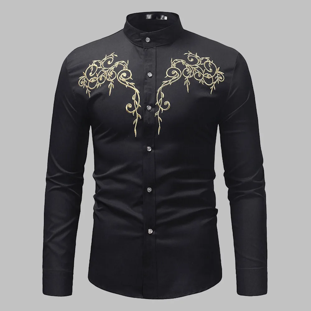 

2021 Summer New Hot Models Middle East Shirt Embroidered Stand-up Collar Muslim Single-breasted Solid Color Long Sleeve