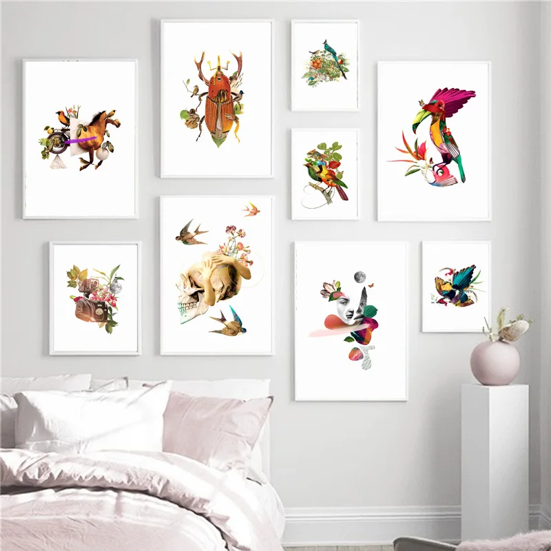 

Animal Parrot Bird Plant Leaf Figure Head Nordic Posters And Prints Wall Art Canvas Painting Wall Pictures For Living Room Decor