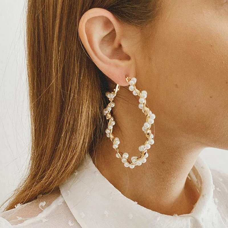 

Docona Bohemian Big Circle Twist Pearl Hoop Earrings for Women Gold Color Metal Vintage Earings Fashion Wedding Trendy Jewelry