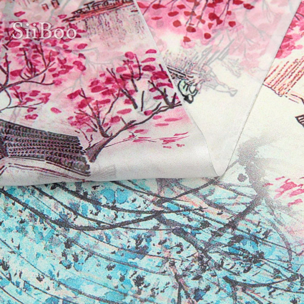 Китайский стиль Печать 100% натуральный шелк шифон ткань одежда для платья чистый