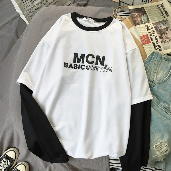 MaY 5807 bai Harajuku/женская футболка с длинным рукавом в стиле хип-хоп, Ulzzang, футболки в Корейском стиле с буквенным принтом, осенние модные черно-белые топы для девочек - Цвет: MaY 5807 bai