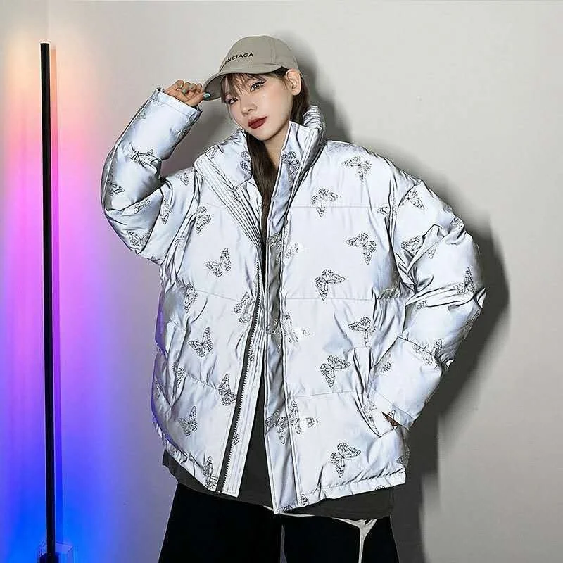 Winter Puffer Jacket Women Reflective Design Loose Thick Butterfly Print Korean Fashion 2021 Winter Clothes Women Bubble Coat