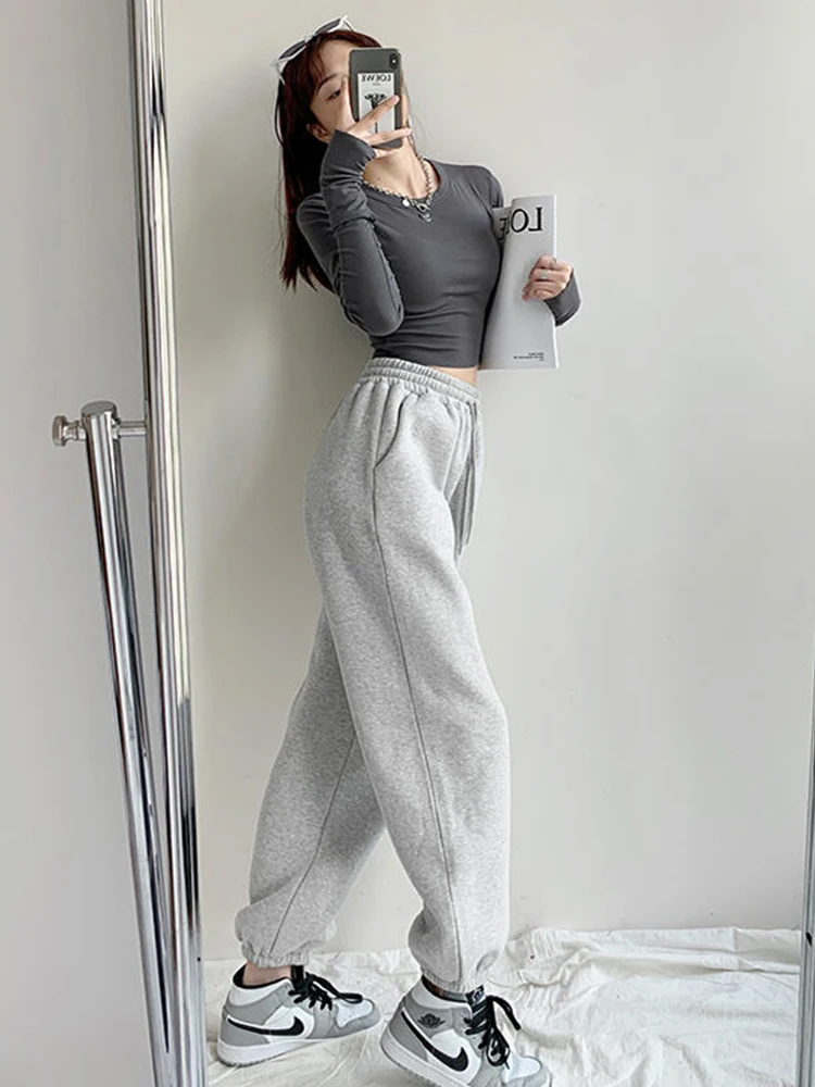 

Women's Spring Autumn Style Cotton Sports Pants Women's Loose Drawstring Solid Color High Waist Jogger Trousers