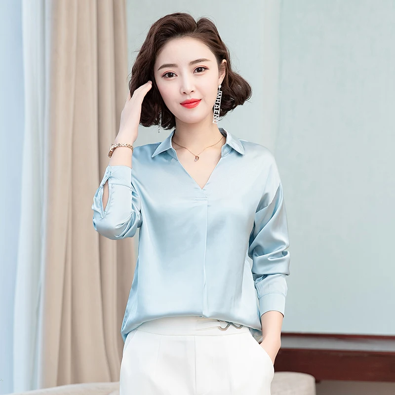 Весенние корейские модные шелковые женские блузки атласные однотонные Женские