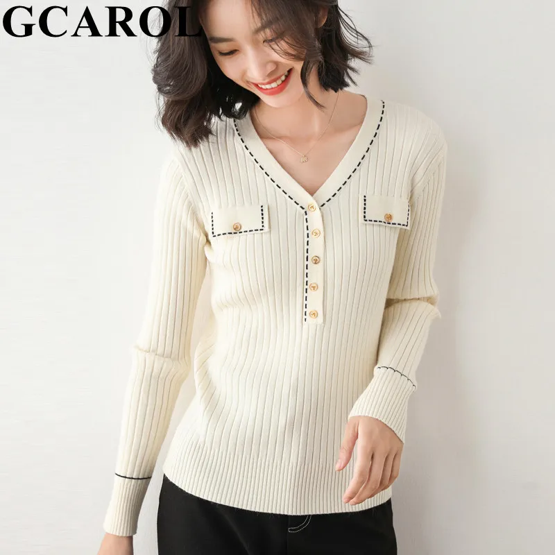 

Женский кашемировый свитер GCAROL, элегантный вязаный пуловер с v-образным вырезом, 30% шерсть, Осень-зима