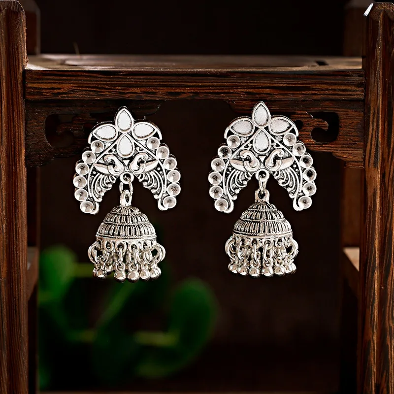 Ретро Женский Индийский Болливуд павлин Jhumka Jhumki Серебряный Большой колокольчик Длинная кисточка Висячие серьги цыганский Египетский племенной ювелирные изделия подарки