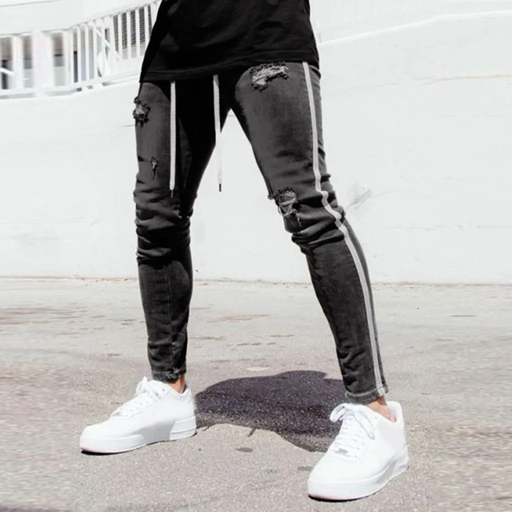 2019 новые мужские Джоггеры брюки повседневные модные джинсовые Прямые рваные