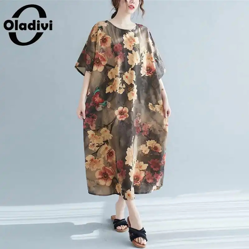 

Oladivi модная одежда оверсайз с цветочным принтом с коротким рукавом женское повседневное длинное платье летние новые туники макси платья ха...