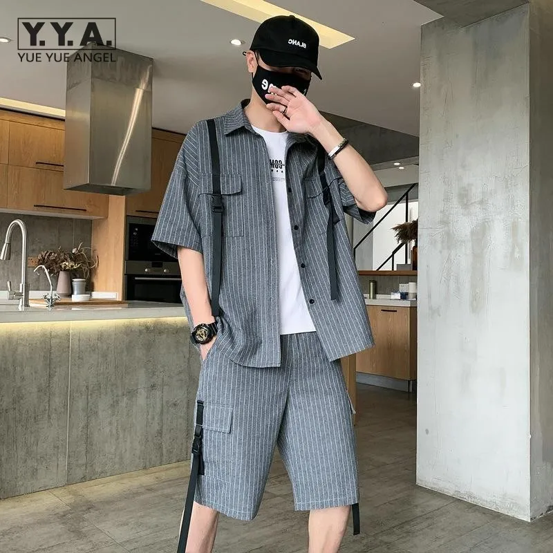 

Летний спортивный костюм, мужские повседневные комплекты одежды, на шнуровке, Карго, короткие, свободные, полосатые рубашки, кардиган, модны...