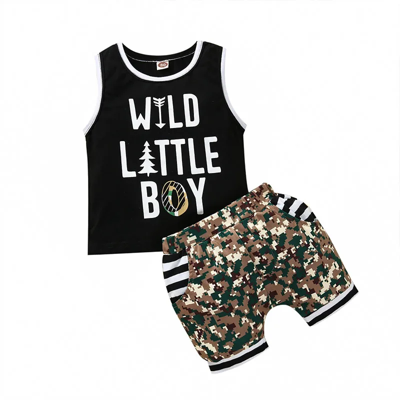 

Boys Letter Print Vest Tops +Children Beach Shorts Bottom 2Pcs Outfits Sets
