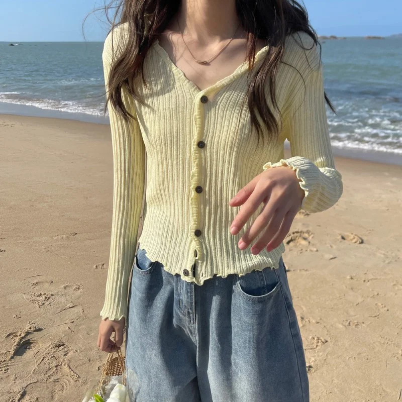 

Ice Silk Ear Sun Protection Cardigan Thin Early Autumn Clothing Long Sleeve Sweater Inner Wear Outer Wear High Waist Crop