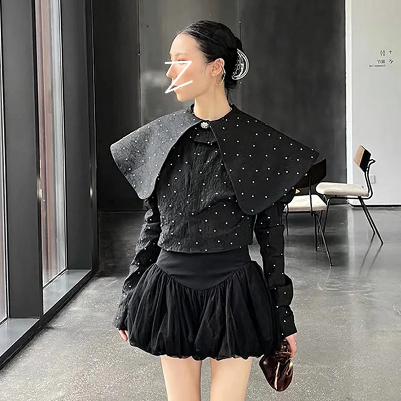 

High Fashion Textured Cape Collar Polka-Dot Black Shirt 2021 Autumn Designer Elegant Women Single-Breasted Short Top Blouse