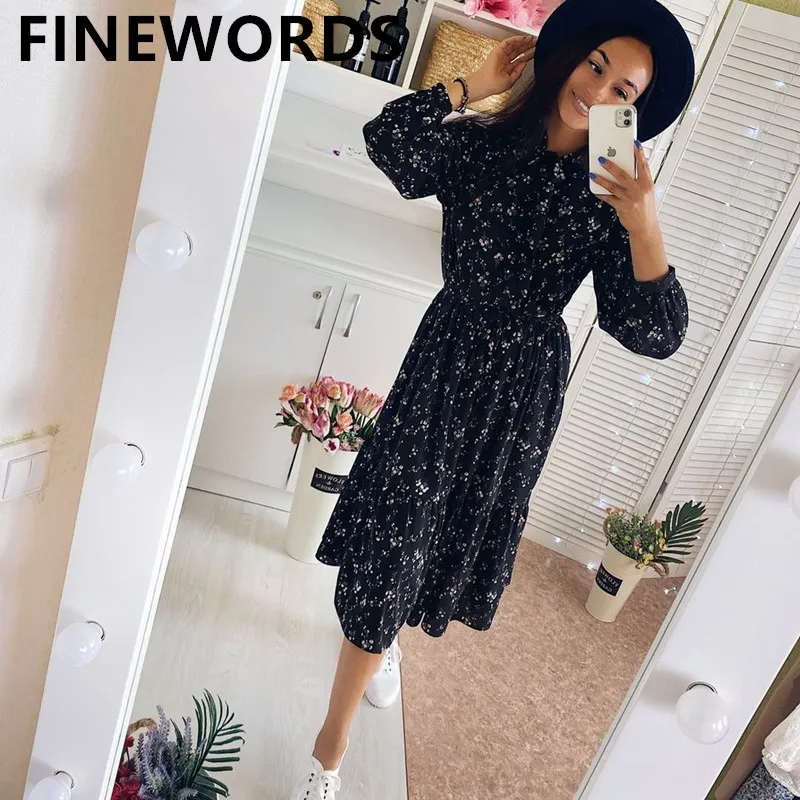 Повседневное шифоновое черное Цветочное платье с длинным рукавом FINEWORDS