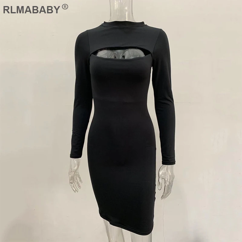 Rlmaaby, осенне-зимнее Двухслойное облегающее женское платье, вечерние платья для ночного клуба, мини-платье, Открытая грудь, длинный рукав, женское сексуальное платье