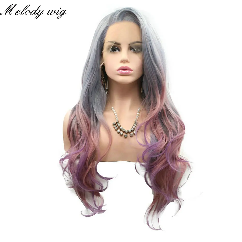Melody Synthetic Lace Front Wigs Heat Resistant Side Part Smoke Grey Ombre Pink Purple Long Body Wave for Women Natural Looking