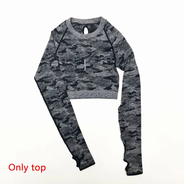 Black top 2 шт., камуфляжный бесшовный комплект для йоги, женская одежда для фитнеса, спортивная одежда, укороченные топы с длинными рукавами+ леггинсы с высокой талией, спортивные костюмы для спортзала - Цвет: Black top