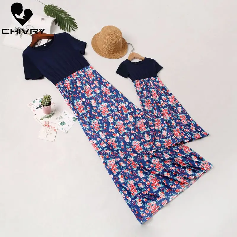 

Chivry New Mother Daughter Dresses Short Sleeve Patchwork Floral Long Maxi Dress Mom and Daughter Dress Family Matching Clothes