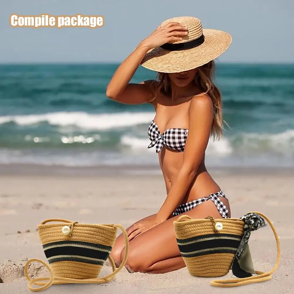 

Hot Outdoor Camping Hand-Woven Straw Handbag Bags Straw Tote With Silk Scarf Large Capacity Beach Picnic Women Woven Bag Pouch