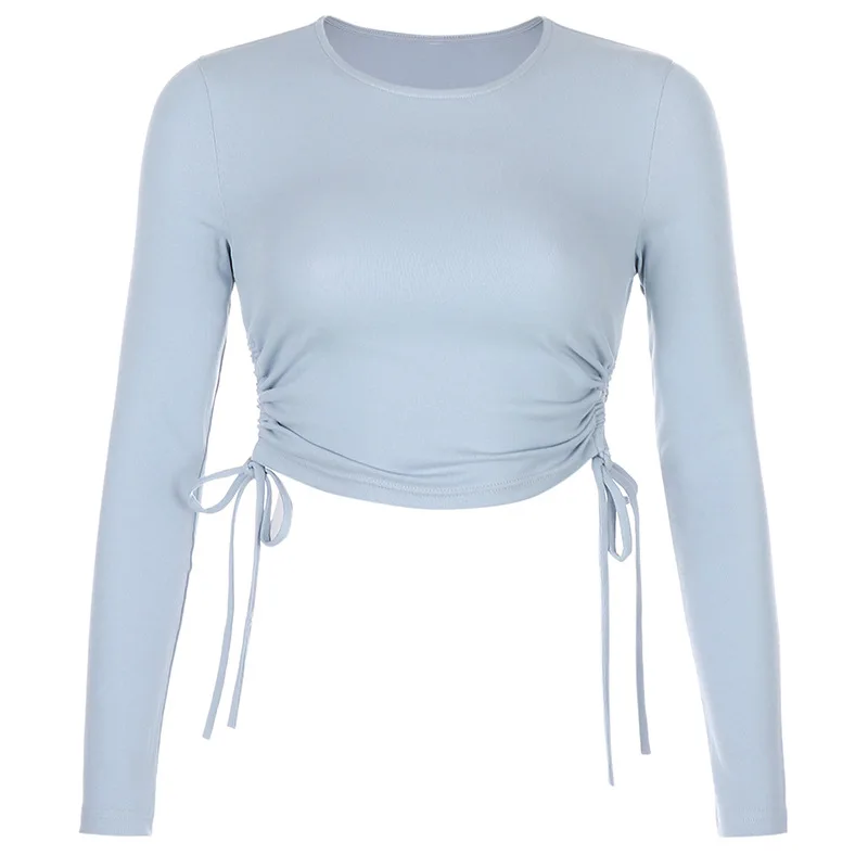 

Casual Solid O-Neck Long Sleeve Crop Top Women Side Drawstring Ruched White Female Tee Shirt Top for Women Sexy Cropped Tops