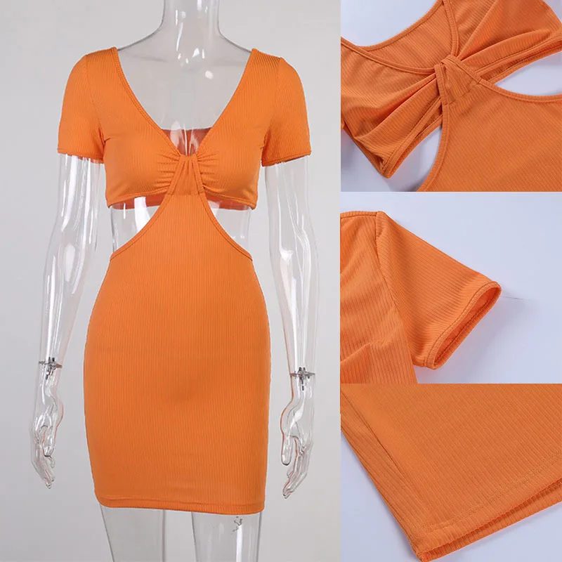 

QIWN Sexy Hollow Out Woman Dress Bodycon V Neck Backless Vestidos 2021 Summer Casual Short Sleeve Party Mini Dresses Clubwear