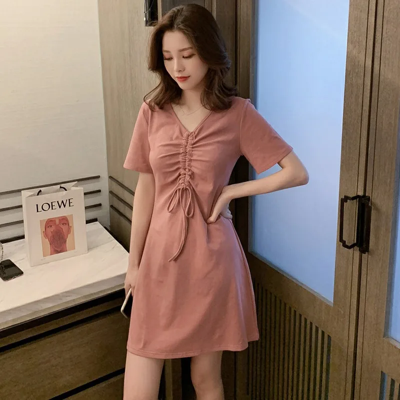 Женское платье с V образным вырезом коротким рукавом и рюшами|Женские платья| |