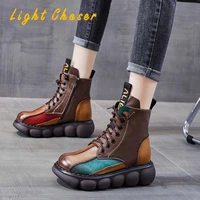 thick soled short boots womens autumn and winter 2021 new soft soled single boots retro color matching handmade female boots
