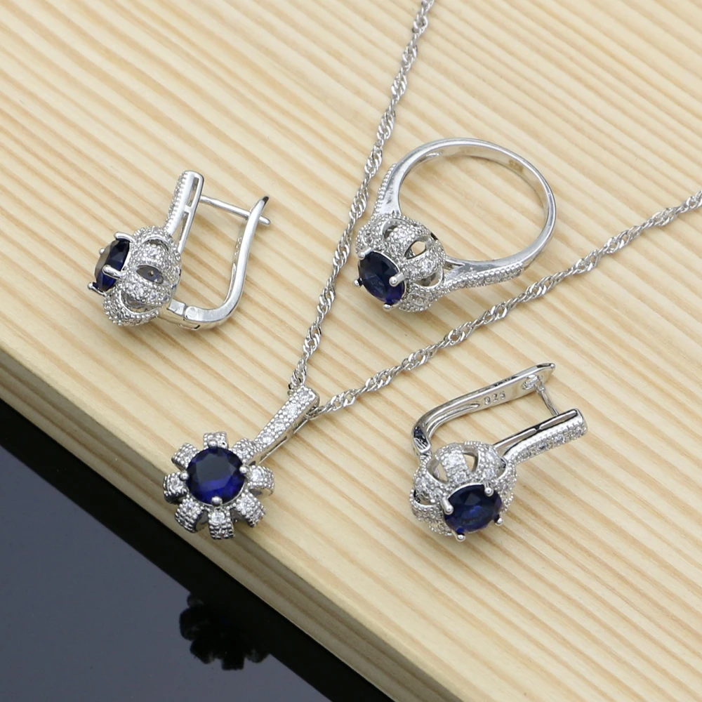 Blue Cubic Zirconia 925 Sterling Silver Bridal Jewelry Sets Docoration Women Wedding Earrings Rings Dropshipping Necklace Set | Украшения и