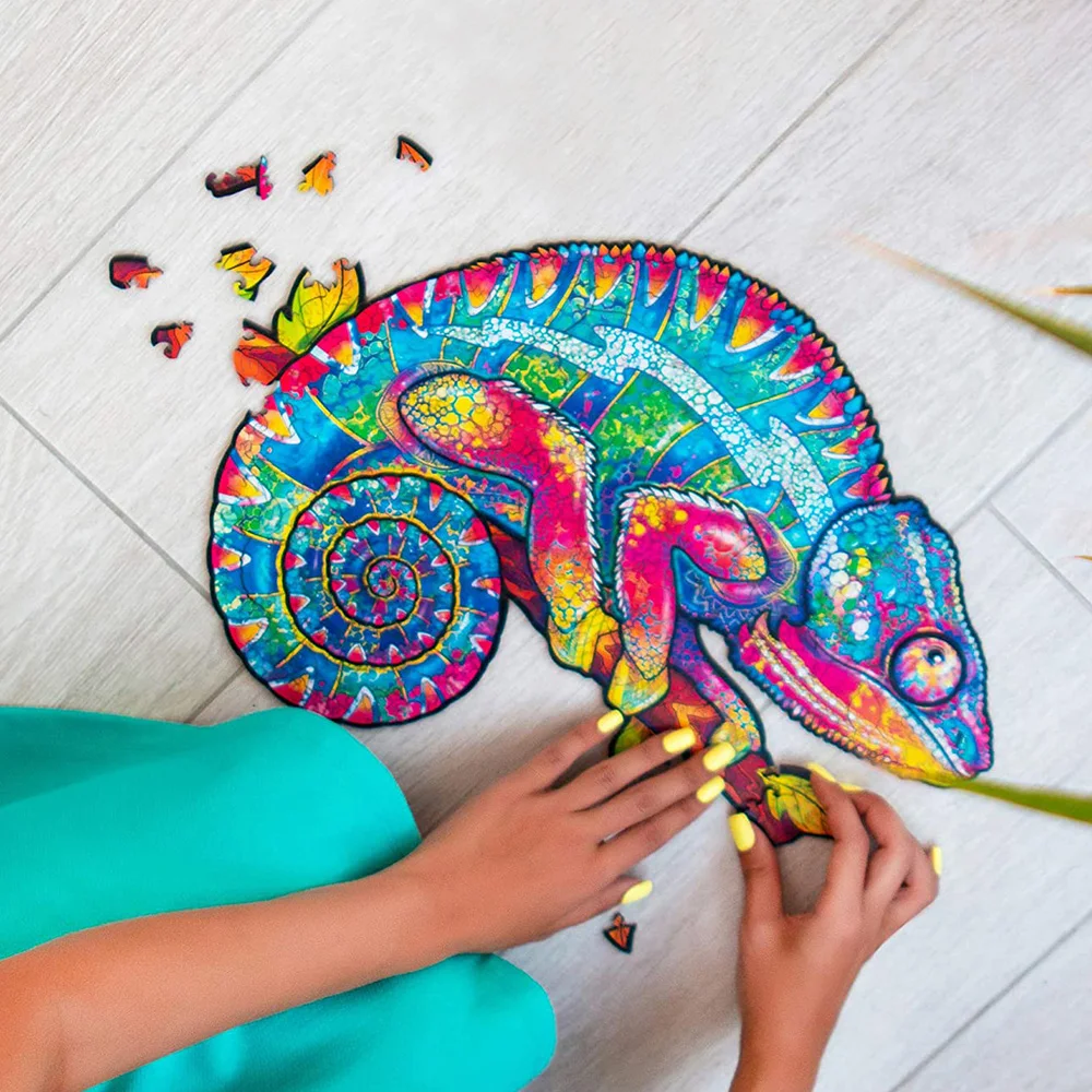 

DIY Wooden Puzzles Animal Chameleon Shape Wood Crafts Jigsaw Puzzle Toys For Children Adults Kids Handmade Gift Decor Supplies