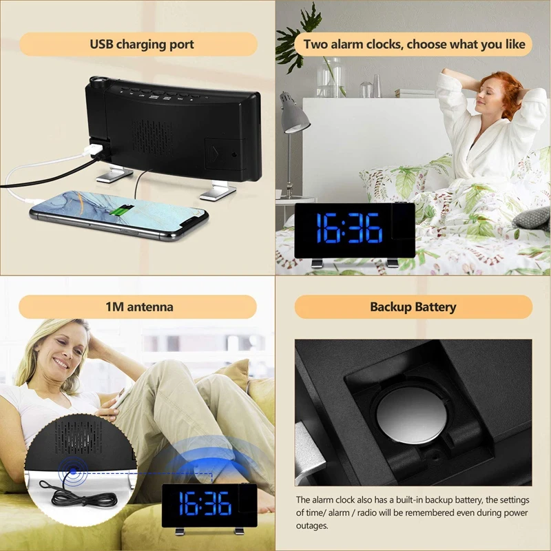 Projection Alarm Clock 7 inch LED Curved-Screen Large Digital Display Adjust Brightness Automatically 12/24 Hour Dual C | Дом и сад