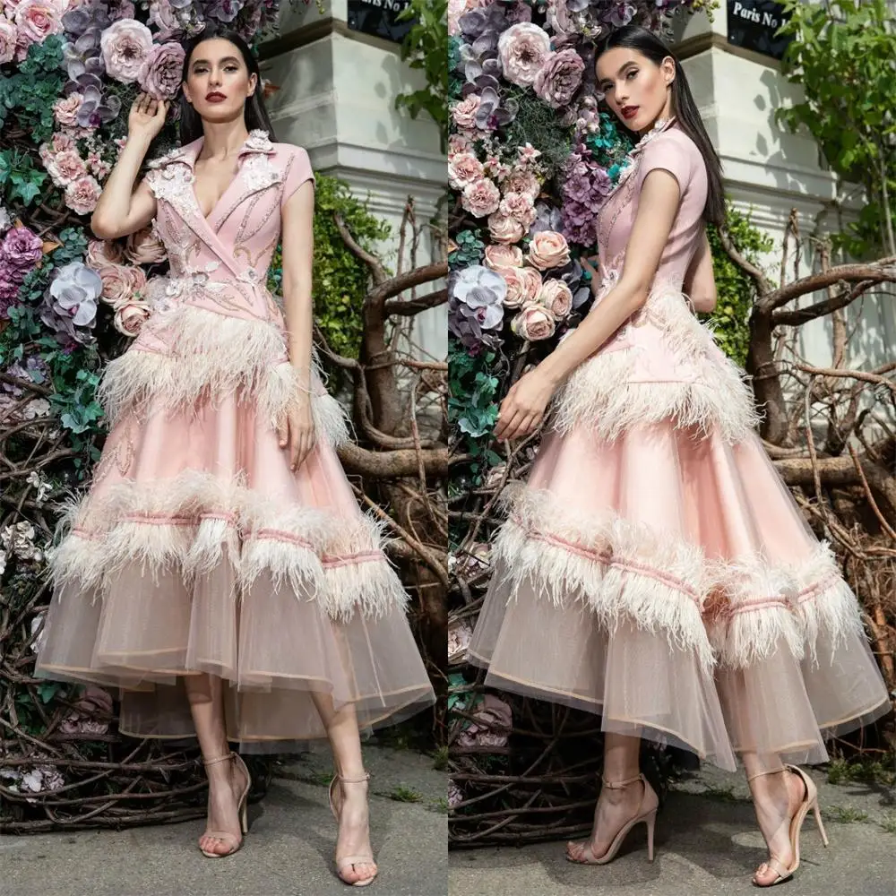 2022 Pink Feather Prom Dresses V Neck 3D Flower Appliqued Beaded Celebrity Party Gowns Tea Length Costume Formal Evening Dress