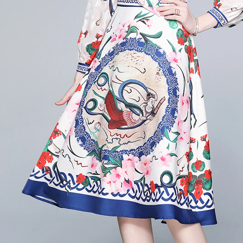 

Qiqi&queen Spring A-line Printed Dress Work Casual Slim Fashion Lace-up Knee-Length Work Casual Dresses Women's Vintage Vestido