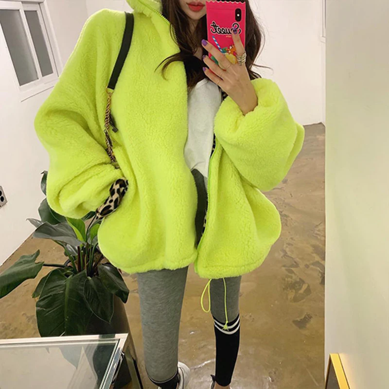 

2021 Winter Fur Coat Patchwork Leopard Turn-down Collar Coats Oversized Neon Green Faux Fur Woolen Warm Women Jacket Streetwear
