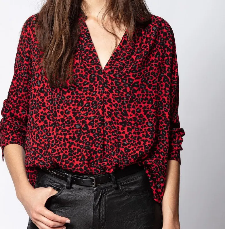 V-Neck Viscose Crepe Top Women Shirt 2021 New Red Leopard Shirt Print Red Tone Is White and Thin