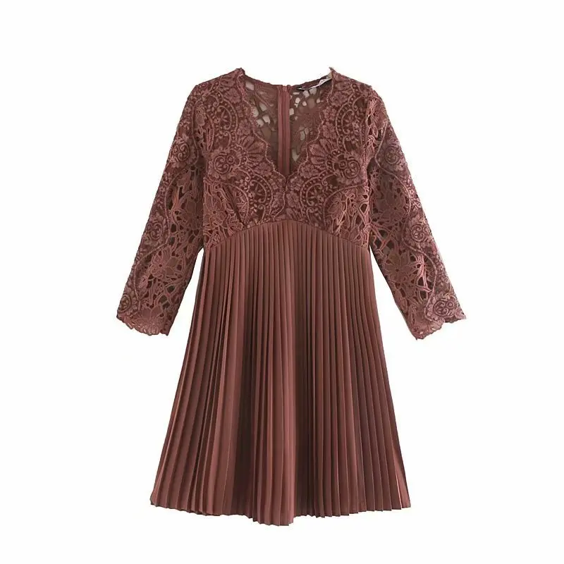 Женское ажурное мини платье элегантное кружевное плиссированное составного
