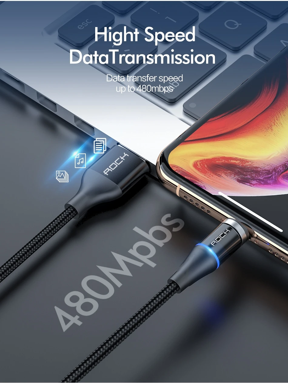Магнитный кабель ROCK 2M 5A Micro usb type C для iPhone 7 XS samsung S8 Быстрая зарядка магнитные кабели для мобильных телефонов