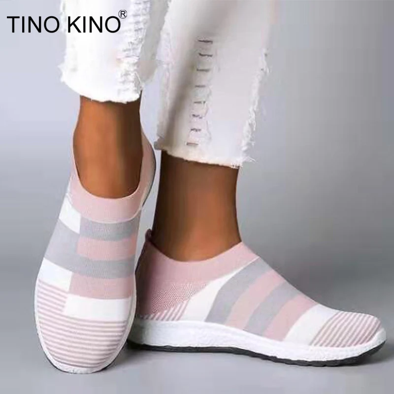 Женская обувь на плоской подошве кроссовки эластичные вязаные в полоску низкой