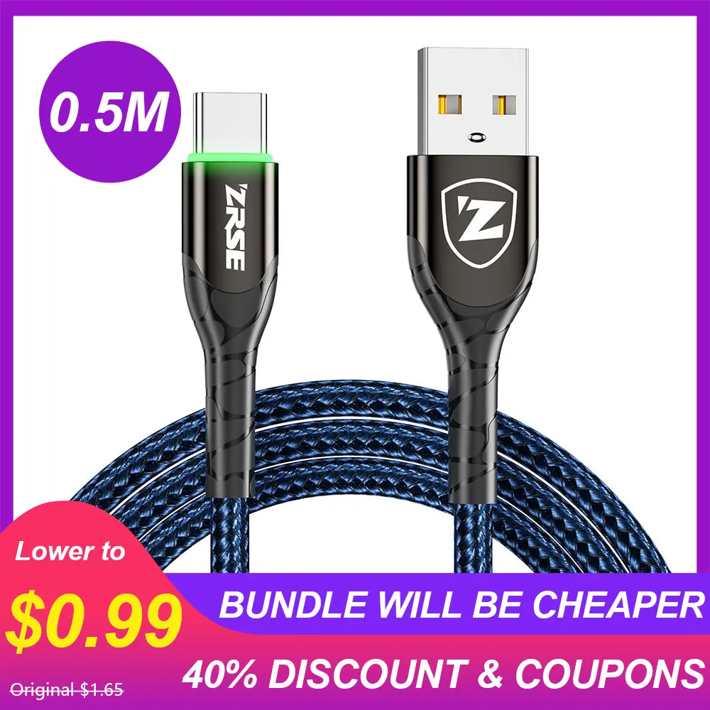 0.5M Blue ZRSE светодиодный кабель usb type C 3M 2 м USB-C кабель передачи данных для быстрой зарядки телефона зарядное устройство Шнур для Xiaomi Redmi Note 8 7 huawei P30 Pro P20 - Цвет: 0.5M Blue