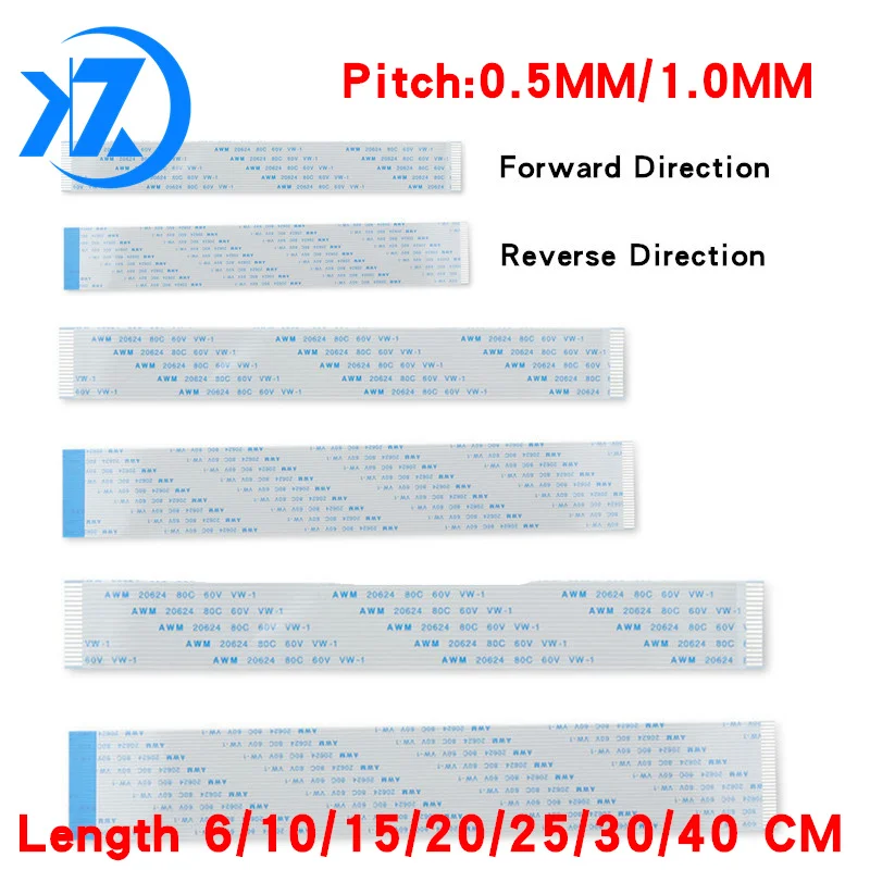 10PCS FPC/FFC Ribbon Flexible Flat Cable 24 26 30 32 34 40 Pin Pitch 0.5/1.0MM Wire Length 5/10/15/20/25/30/40CM Forward Reverse