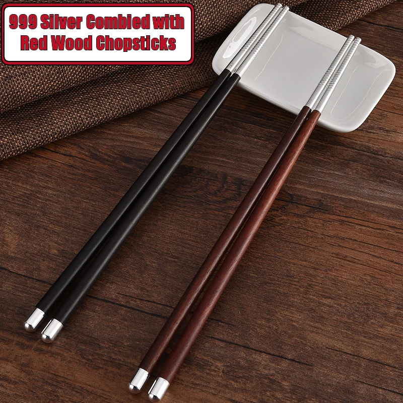 Одна пара оригинальные Нескользящие деревянные палочки для еды из серебра 999