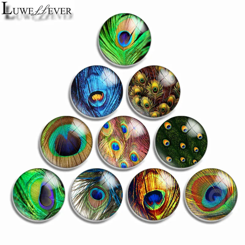 

10mm 12mm 16mm 20mm 25mm 30mm 561 Peacock Feather Mix Round Glass Cabochon Jewelry Finding 18mm Snap Button Charm Bracelet