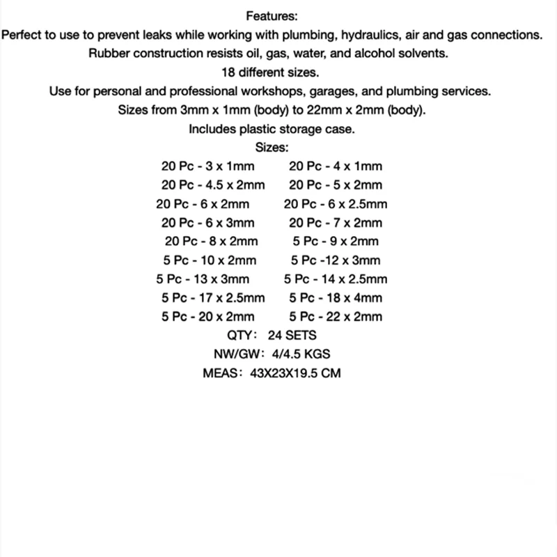 225 шт. метрическая система уплотнительное кольцо коробка с инструментами набор