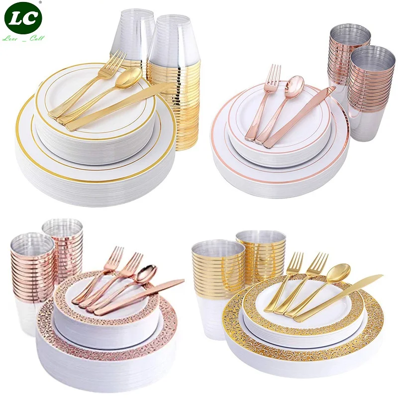 

10 person Disposable Plates Party Tableware PVC Plastic Plates Gold Cup Knifes Fork Spoon Party Wedding Restaurant Supplies