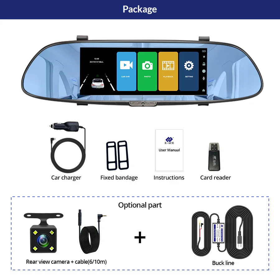 

Acceo A01 7 Inch Touch Screen Rearview Dash Cam Night Vision Mirror Video Recorder 2 Camera Auto Registrar 1080P Media Car DVR