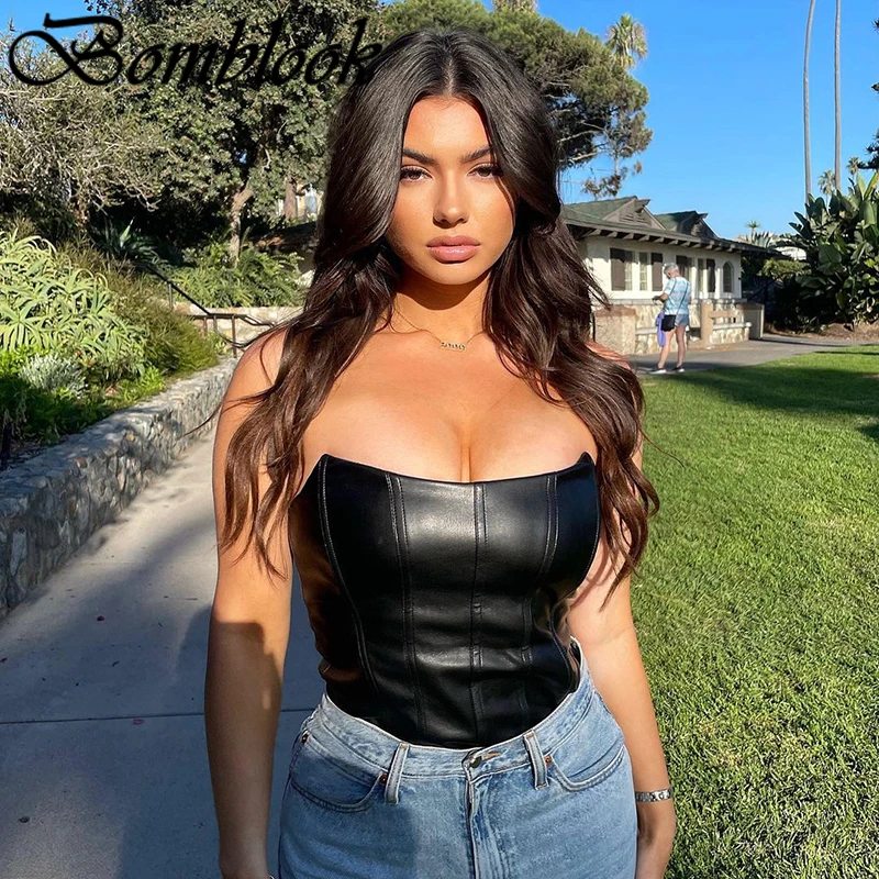 

Bomblook Sexy Party Club Women's Solid Tops Autumn 2021 PU Irregularity Backless Zippers Corset Tops Female Streetwears