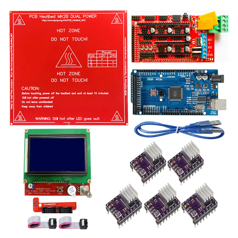 CNC 3d Принтер Комплект для Arduino Mega 2560 R3+ RAMPS 1,4+ lcd 128644+ DRV8825 шаговый Драйвер+ MK2B+ RAMPS 1,4 комплект