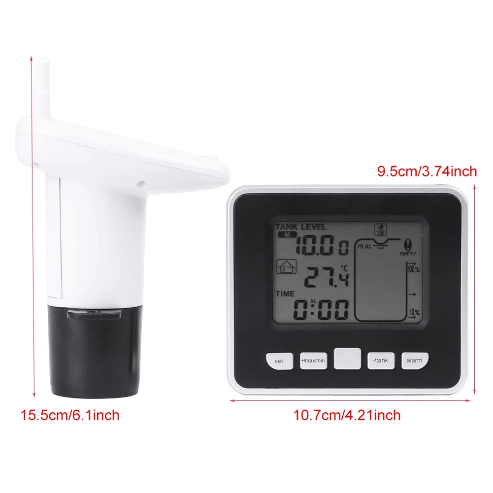 

Ultrasonic Water Tank Liquid Depth Level Meter Sensor With Temperature Display Time Alarm Transmitter Measuring Tools