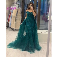 muslim evening dress 2020 mermaid lace beaded detachable train tulle evening gowns off shoulder prom dresses long